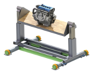 Mobile Montageplattform auf Mecanum-Raedern. Exemplarisch wird ein Motorblock zum Montieren dargestellt.